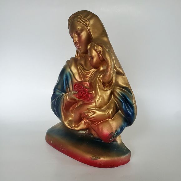1967 Mother Mary & Baby Jesus Chalkware Bust Religious Christ Madonna Sculpture - Picture 4 of 11